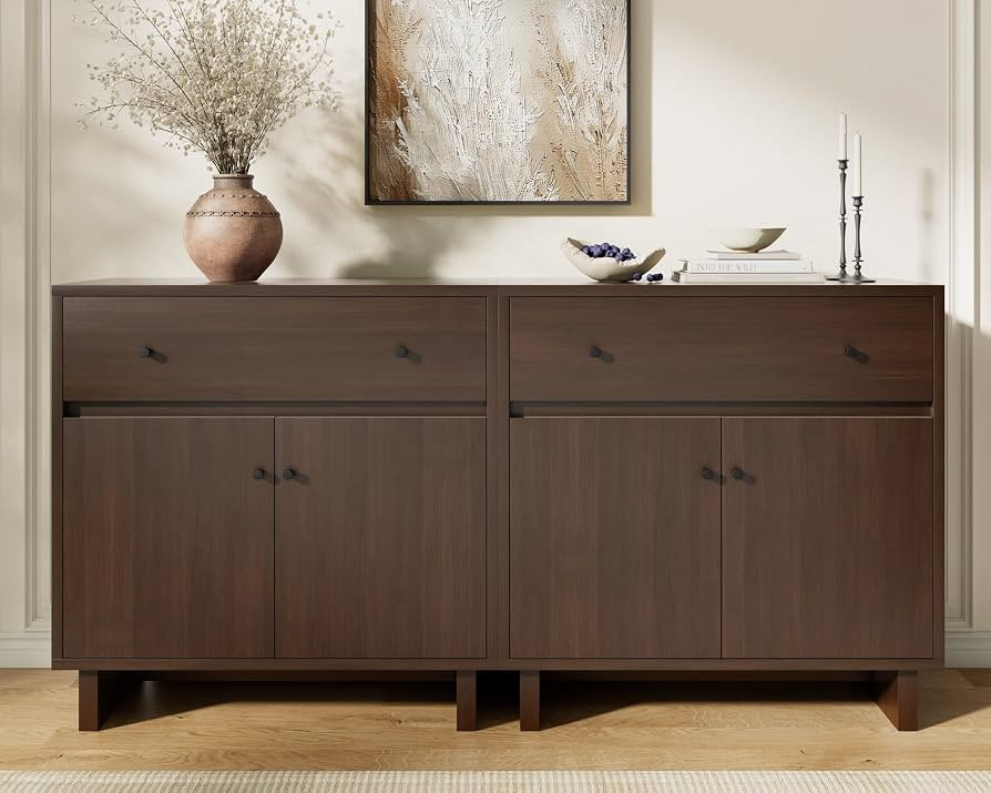 63" Storage Cabinet with 2 Drawers, Modular Sideboard Buffet Cabinet-Walnut | Amazon (US)