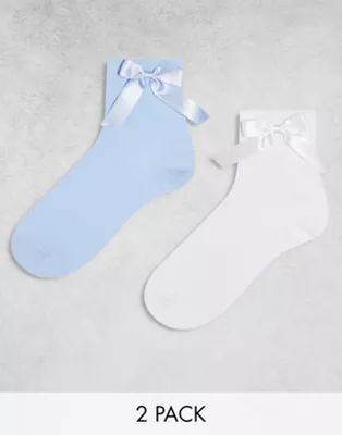 ASOS DESIGN 2 pack bow ankle socks in white and blue | ASOS (Global)