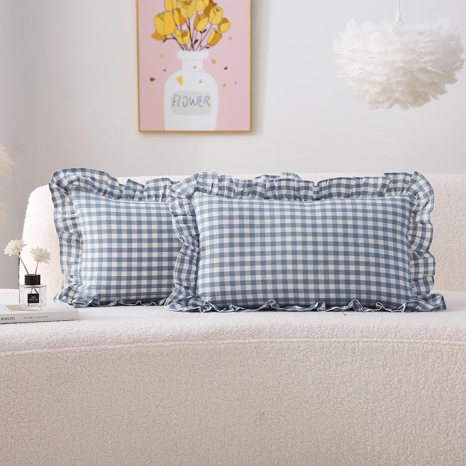2 Pack Dust Blue Plaid Ruffle Lumbar Pillow Shams 12x20 inches, Washed Cotton Gingham Checkered F... | Amazon (US)