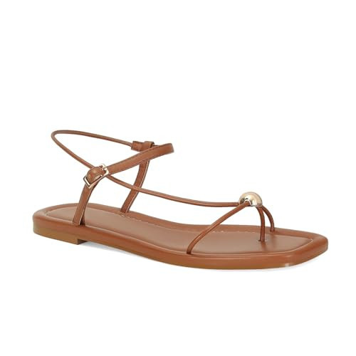 XBKXMK Brown Strappy Flat Sandals for Women Comfortable Dressy Summer Beach Thong Sandals Flip Flop Slide Sandal Size 6.5 | Amazon (US)