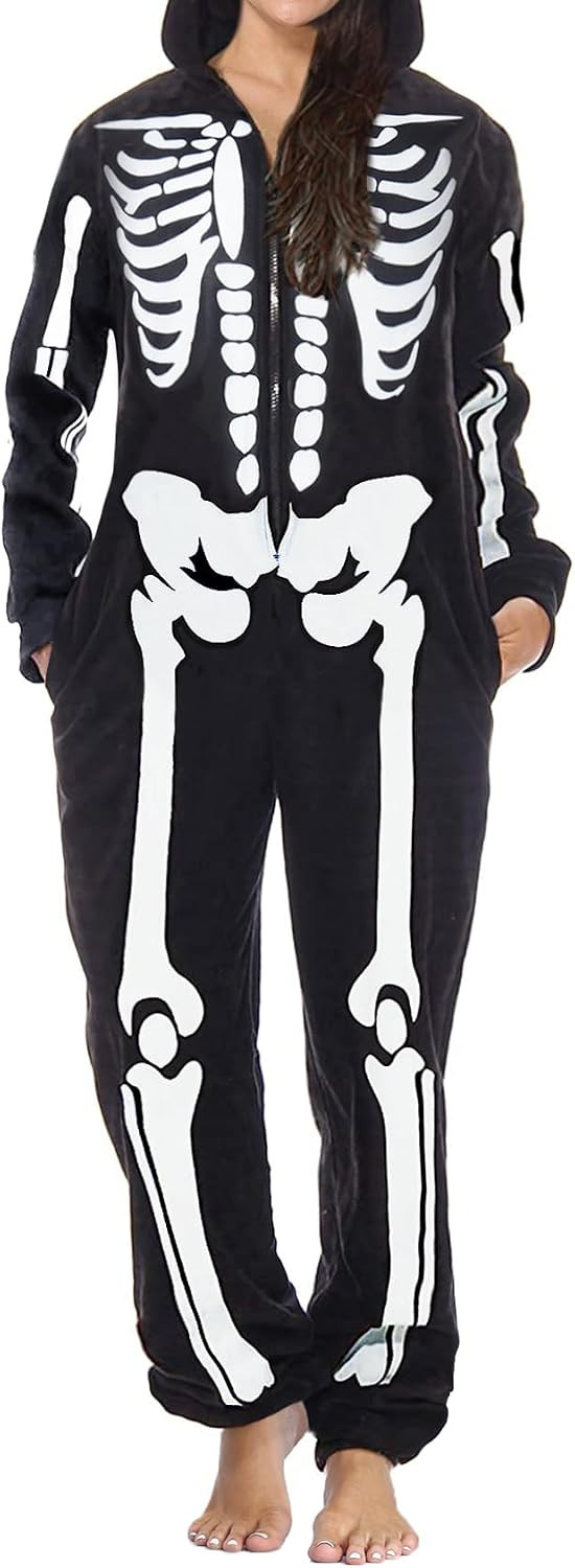 CYCLAMEN Halloween Costume for Adults Couples Skeleton Pumpkin Onesie Jumpsuit Pajamas with Hood Women Men Family | Amazon (US)