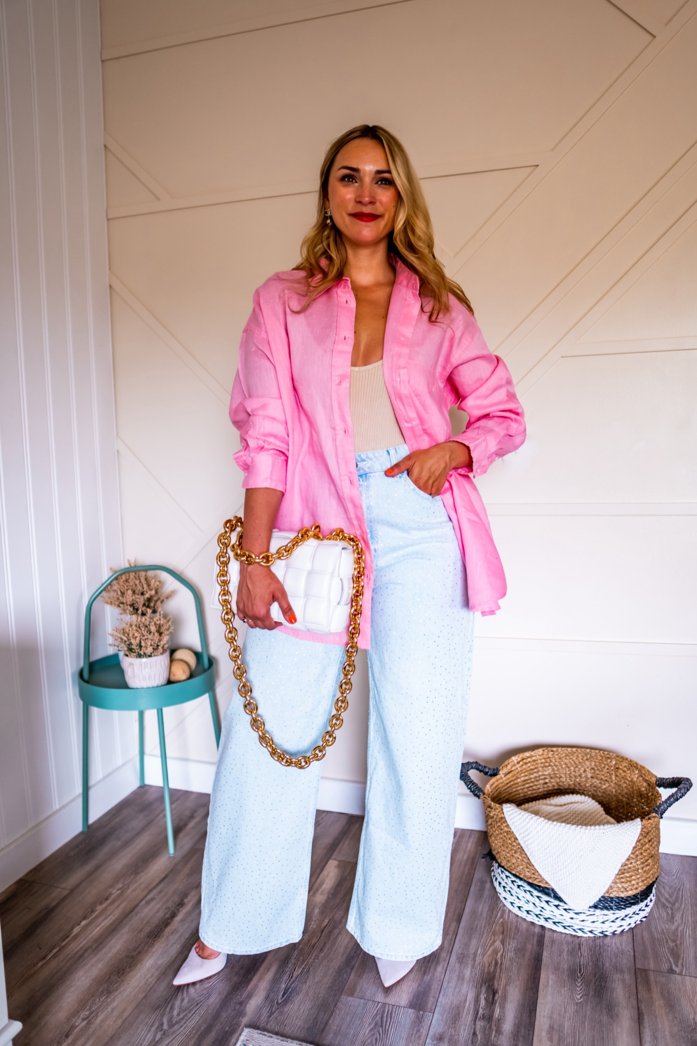 Rhinestone embellished jeans, linen button down and high heels outfit  

#LTKspring #LTKcanada #LTKmidsize