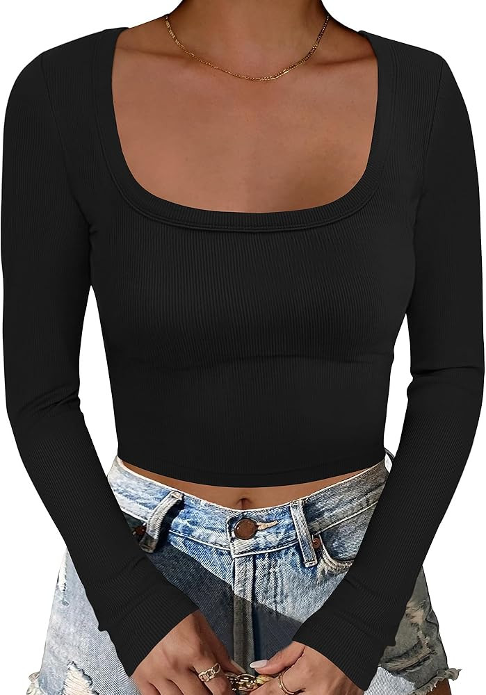 ANRABESS Women's Long Sleeve Square Neck Crop Top Ribbed Slim Fitted Basic Tee Layer Y2K Shirts F... | Amazon (US)