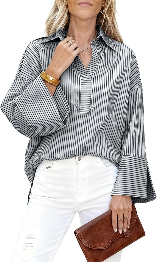Watashi Women Button Down Shirt Casual Striped Print Dressy Henley Shirts Oversize Long Sleeve Co... | Amazon (US)