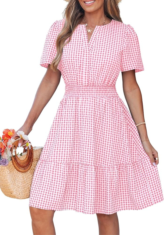 popvil Women Summer Short Dress 2026 Casual Mini Beach Dress Cute Boho Short Sleeve V Neck A-Line... | Amazon (US)