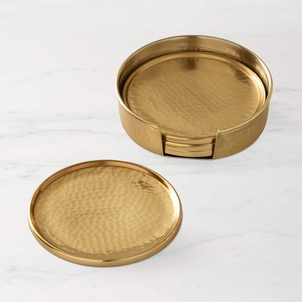 Antique Brass Hammered Coasters with Holder, Set of 4 | Williams-Sonoma