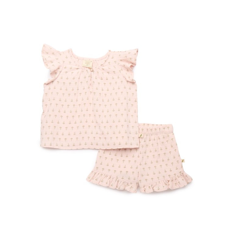 easy-peasy Toddler Girls Organic Dobby Check Ruffle Top & Shorts Set, 2-Piece, Sizes 18M-5T | Walmart (US)