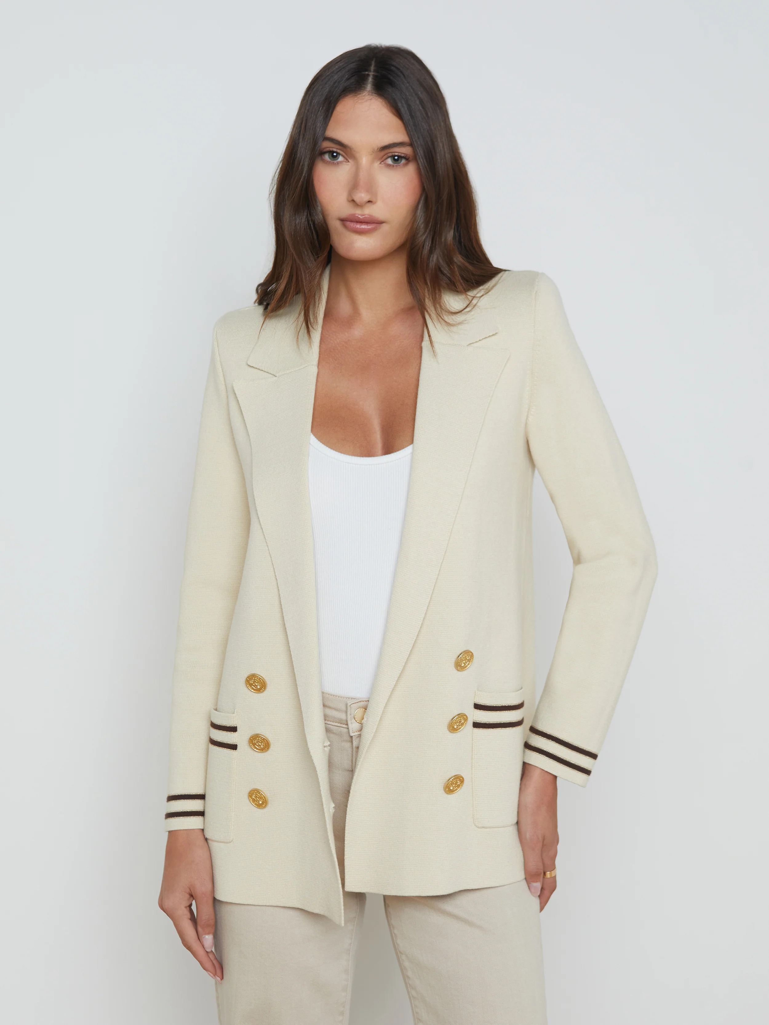 L'AGENCE - Eileen Knit Boyfriend Blazer in Porcelain with Brown/Gold Stripe | L'Agence