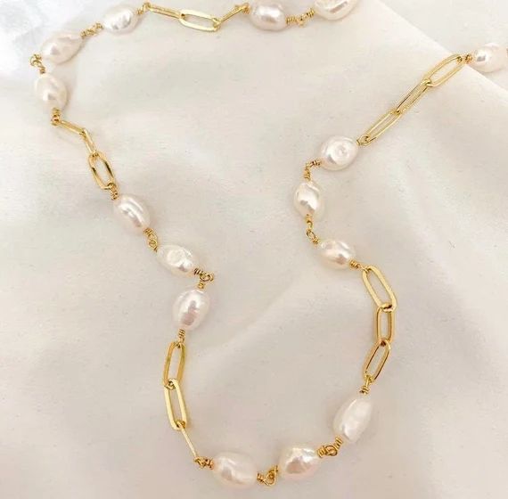24k GF Gold Filled Freshwater Pearl Chain Necklace, Adjustable Length | Etsy (US)