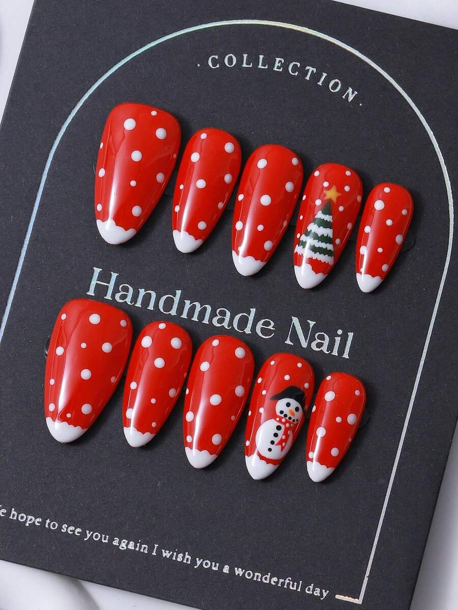 10pcs/Set Press On Nails Almond Shaped Nail Stickers Red Christmas Style Hand Painted Snowman, Ch... | SHEIN