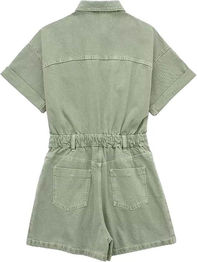 Esmeling Womens Short Sleeve Denim Rompers Shorts Button Up Cropped Jean Jumpsuits Outfit | Amazon (US)