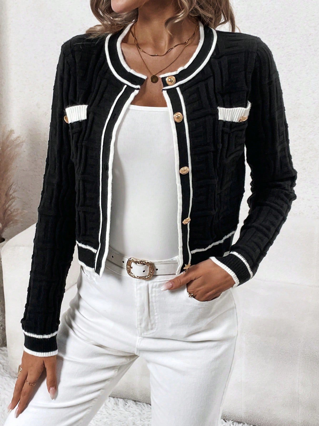 SHEIN Clasi Contrast Binding Button Front Cardigan | SHEIN