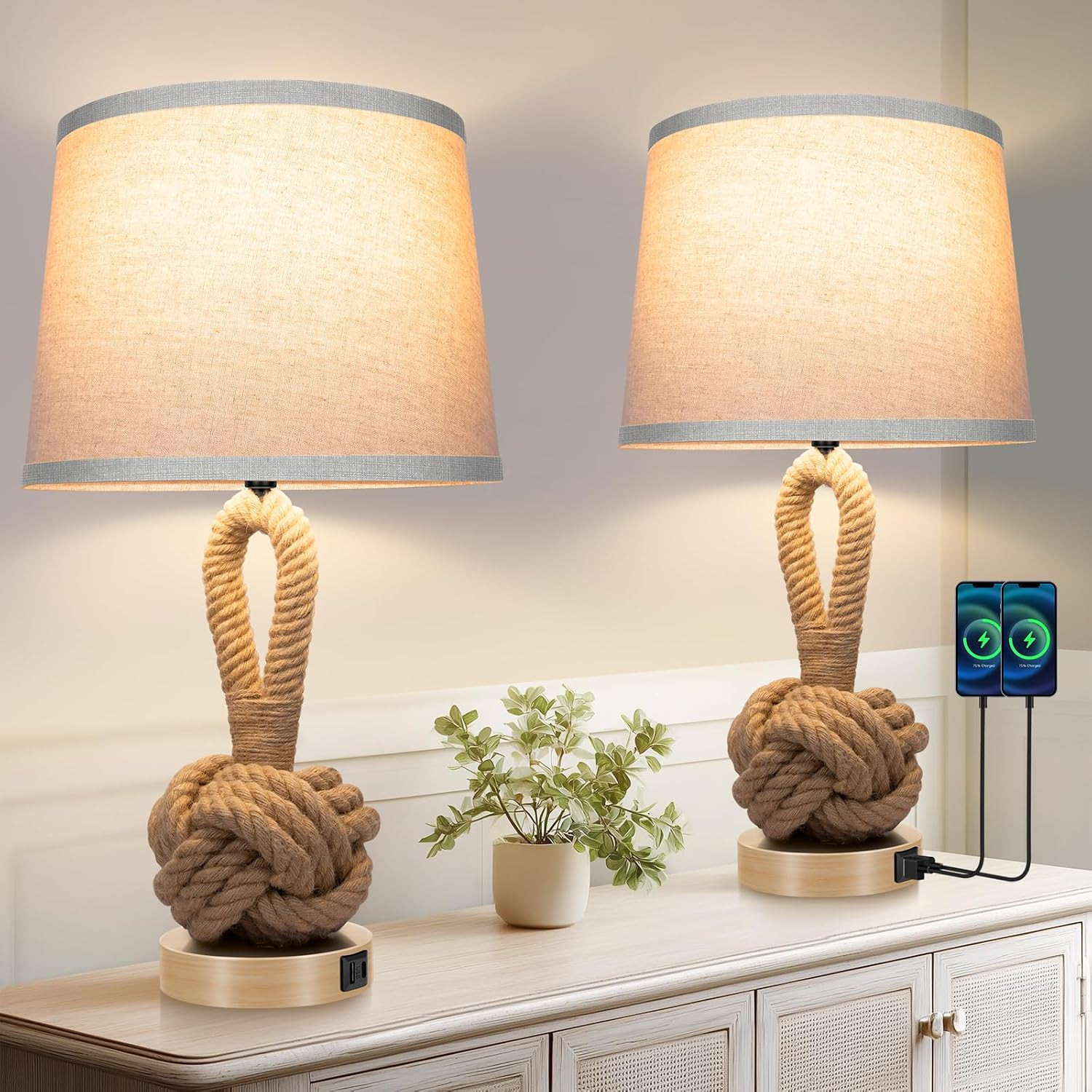 22" Rope Lamps for Night Stands, Bedside Lamps Set of 2, 3-Color Temperatures Boho Lamp with Rota... | Amazon (US)