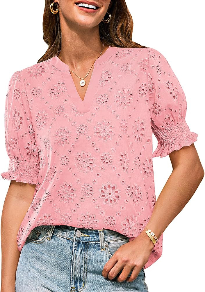 GRACE KARIN Women's Summer Tops Puff Short Sleeve V Neck Blouses Hollow Out Lace Embroidered Blou... | Amazon (US)
