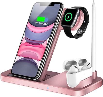 QI-EU Wireless Charger, 4 in 1 Qi-Certified Fast Charging Station Compatible Apple Watch Airpods ... | Amazon (UK)