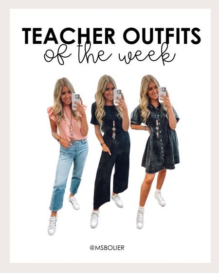 last week of school teacher outfits!!!
top and jeans true to size 
I sized down one in jumpsuit to a small
I sized up one in the denim dress to a large for length 

#LTKFindsUnder100 #LTKWorkwear #LTKSeasonal