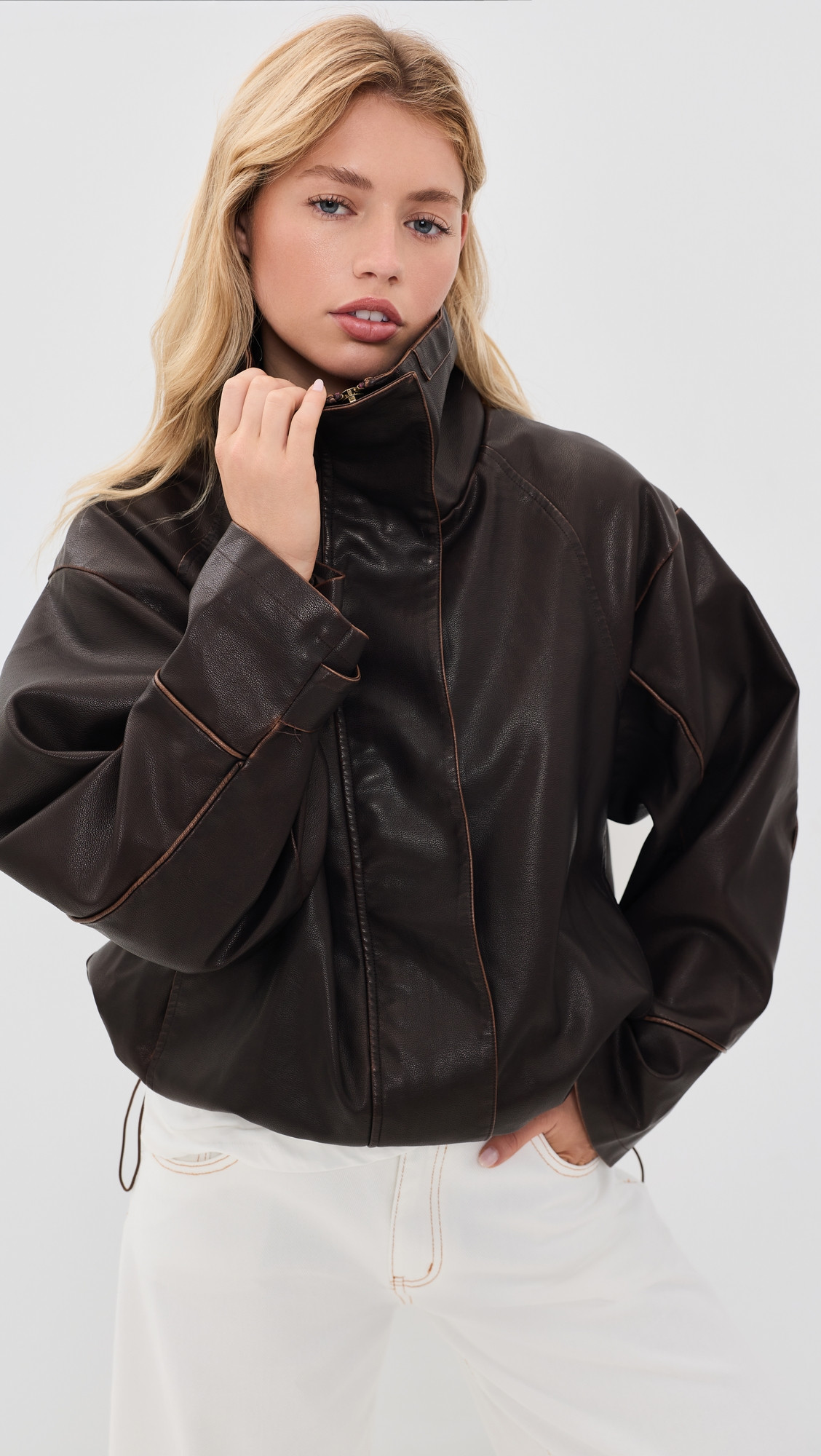 Lioness Shoreline Funnel Faux Leather Jacket Chocolate XXS | Shopbop