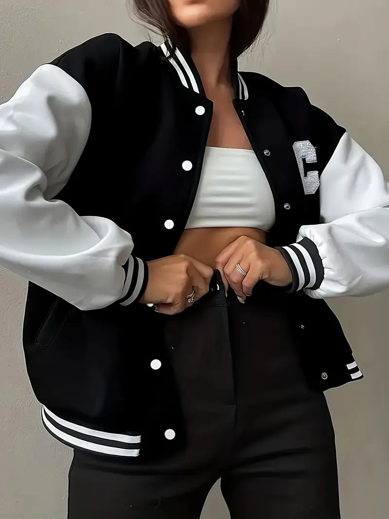 Letter Pattern Button Front Jacket, Casual Color Block Long Sleeve Jacket For Spring & Fall, Wome... | Temu Affiliate Program