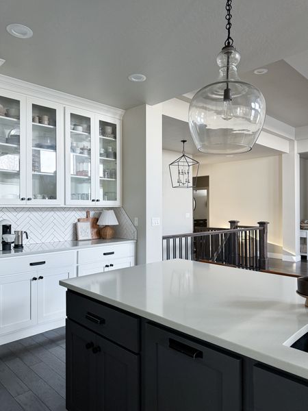 Neutral Home - Aesthetic Home - Kitchen Aesthetic - Minimalistic Home - Nespresso - Kitchen - Pottery Barn Lights - Glass Pendant Light 