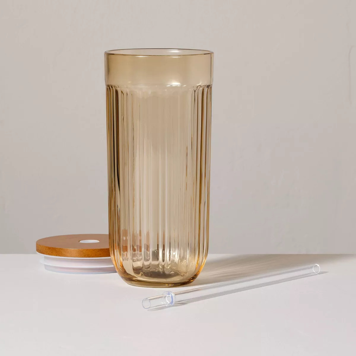 21oz Fluted Glass Tumbler with Wood Lid Beige - Hearth & Hand™ with Magnolia | Target