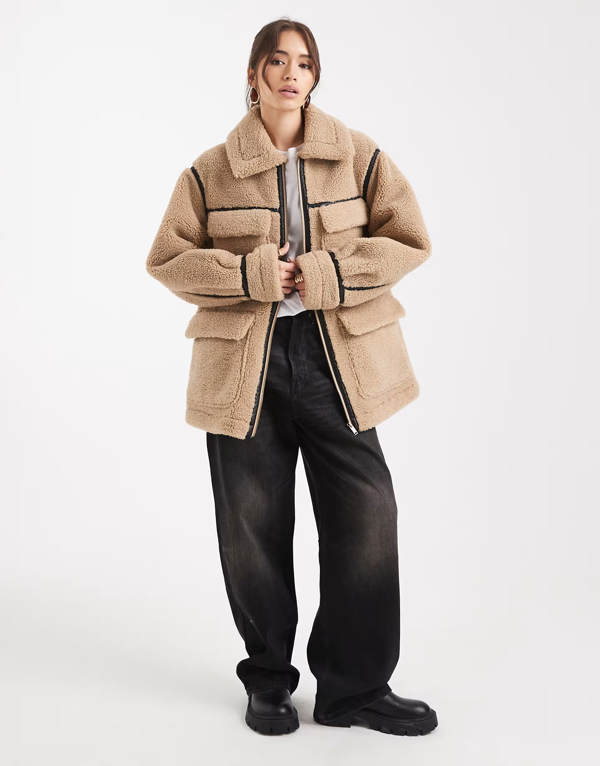 ASOS DESIGN borg outer mid length jacket in stone | ASOS (Global)