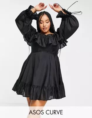 ASOS DESIGN Curve Exclusive off shoulder mini dress with ruffle detail in black | ASOS (Global)