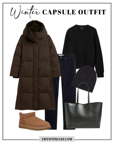 Winter capsule outfit 

Black winter puffer coat 
Cashmere sweater 
Straight leg jeans 
Leather tote 
Comfy ugg boots 

Capsule wardrobe / minimalist style

#LTKSeasonal #LTKunder100 #LTKtravel
