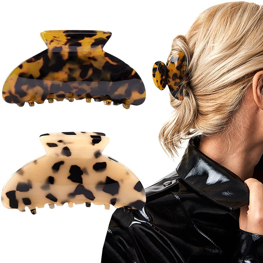 2PCS Hair Claw Banana Clips tortoise Barrettes Celluloid French Design Barrettes celluloid Leopard print Large Fashion Accessories for Women Girls | Amazon (US)