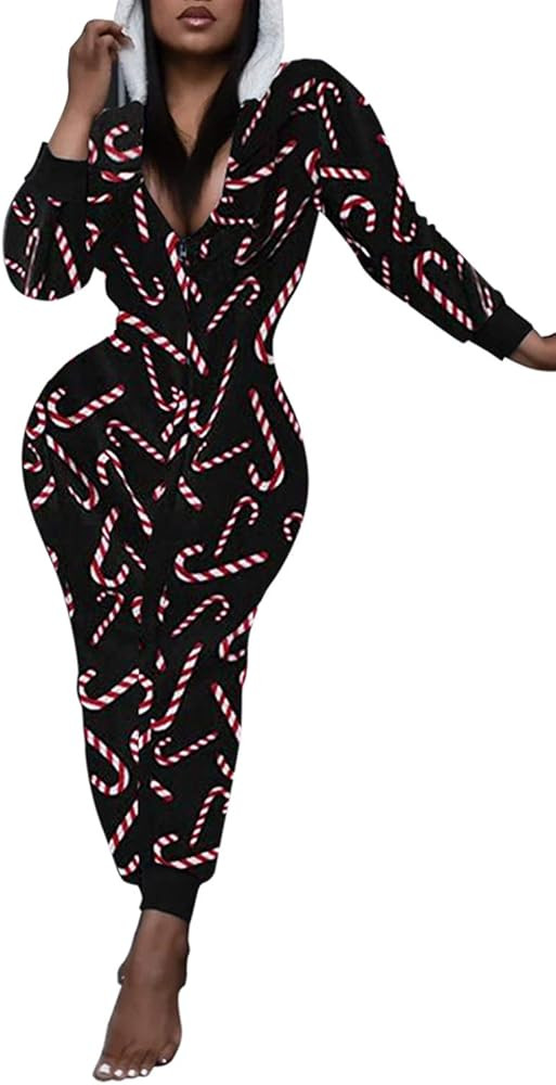 AI'MOURI One Piece Hooded Sleepwear for Women,Sexy Printed Christmas Pajamas Jumpsuit Rompers | Amazon (US)