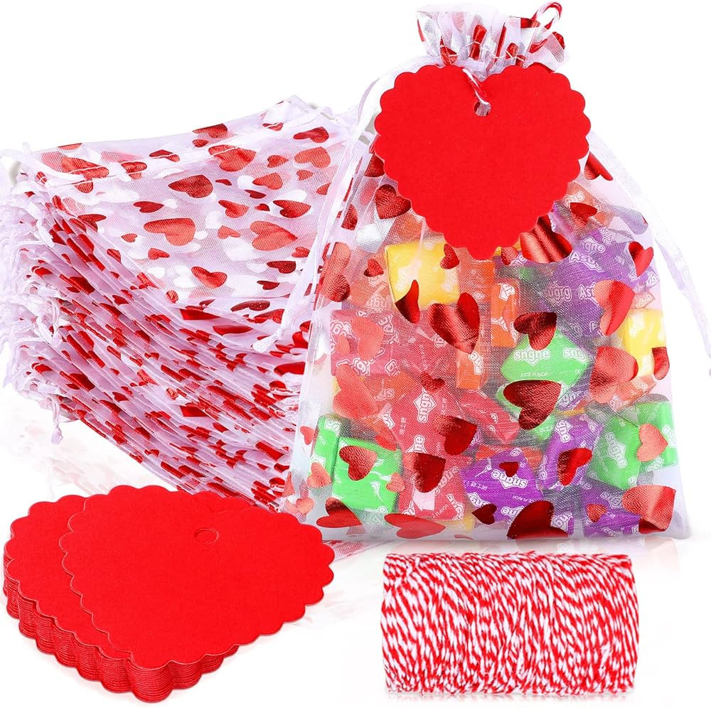100 Pcs Valentines Day Organza Bags and 100 Pcs Kraft Paper Tags Red Heart Valentine Treat Candy ... | Amazon (US)