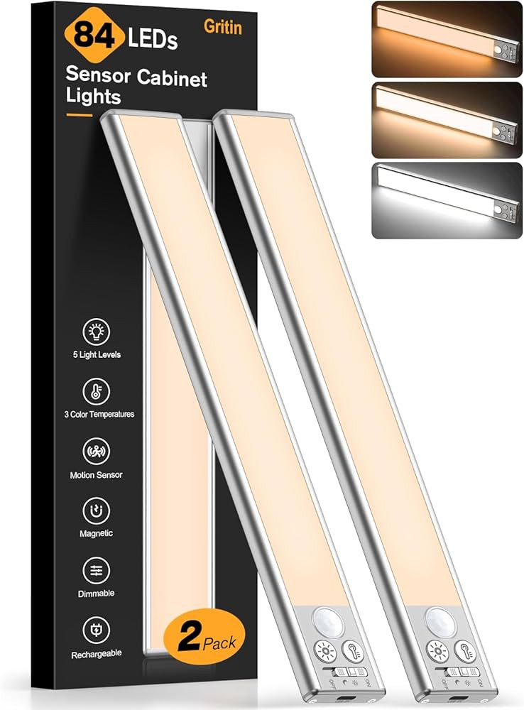Gritin 10.2inch Under Cabinet Lighting Rechargeable -84 LED Super Bright,3-Color& 5 Level Brightn... | Amazon (US)