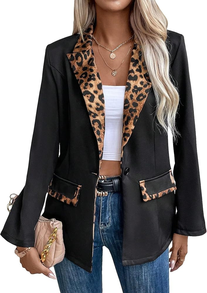 WDIRARA Women's Leopard Print Shawl Collar Single Button Long Sleeve Casual Blazer Top | Amazon (US)