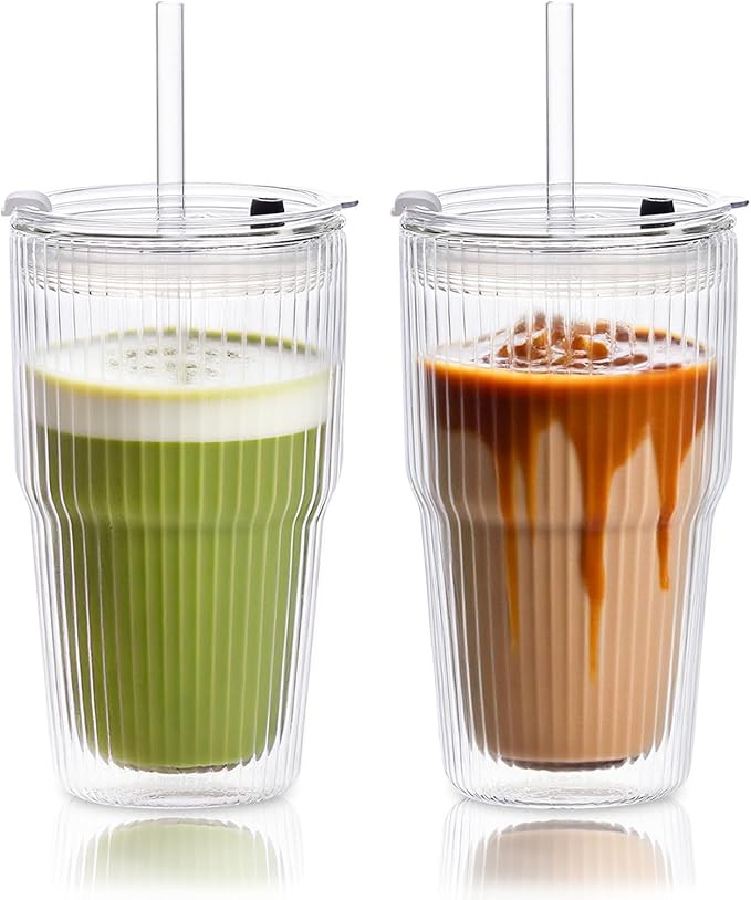 KEMORELA Double Wall Glass Cups, Insulated Glass Cup (2-Pack) with Lids & Straws – 16oz Borosil... | Amazon (US)
