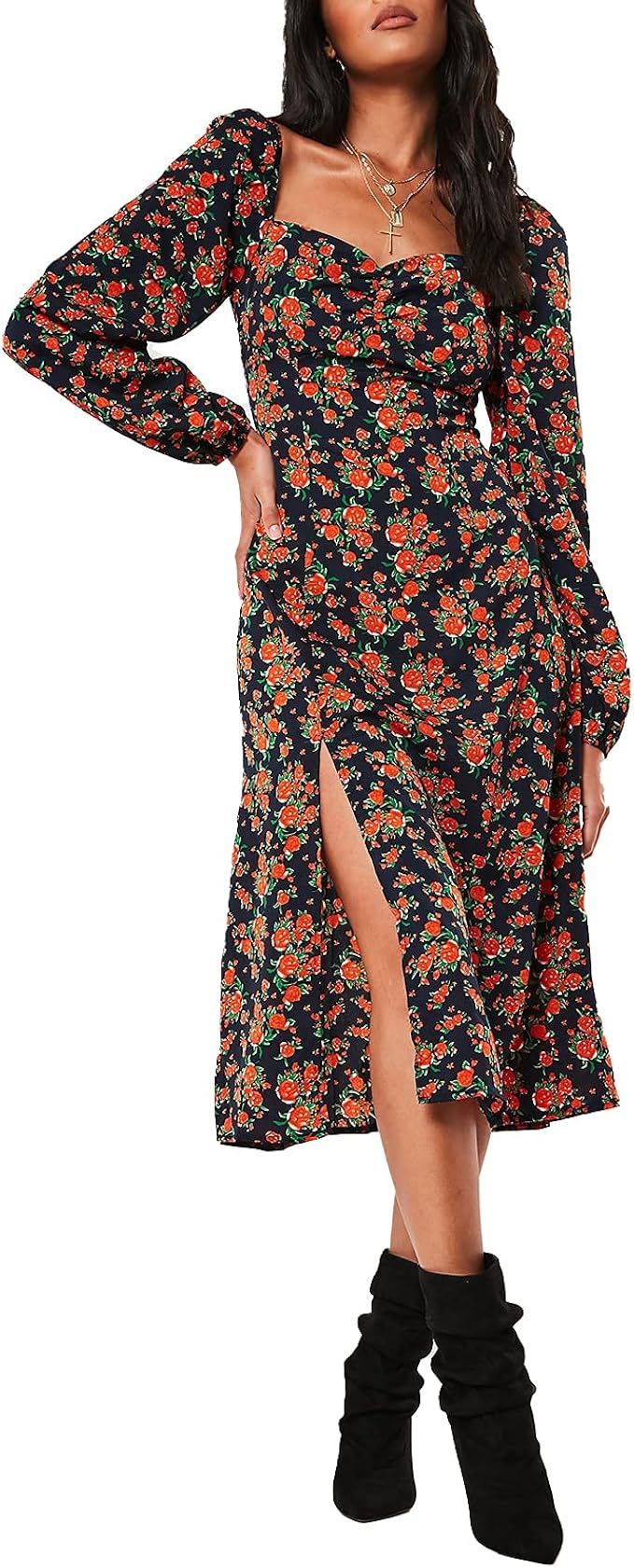 Vssjavun Women's Boho Long Dress Floral Printed Split Midi Dresses A-Line Long Puff Sleeves | Amazon (US)
