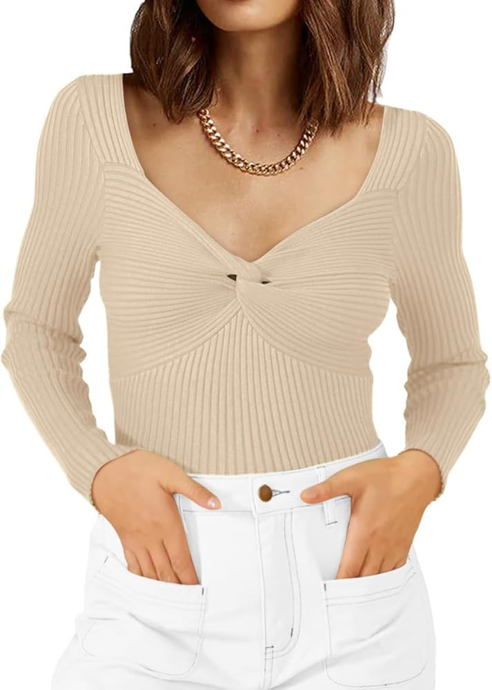 Zeagoo Sweaters for Women Fall Long Sleeve V Neck Sexy Ribbed Knit Sweater Slim Fit Solid Basic C... | Amazon (US)