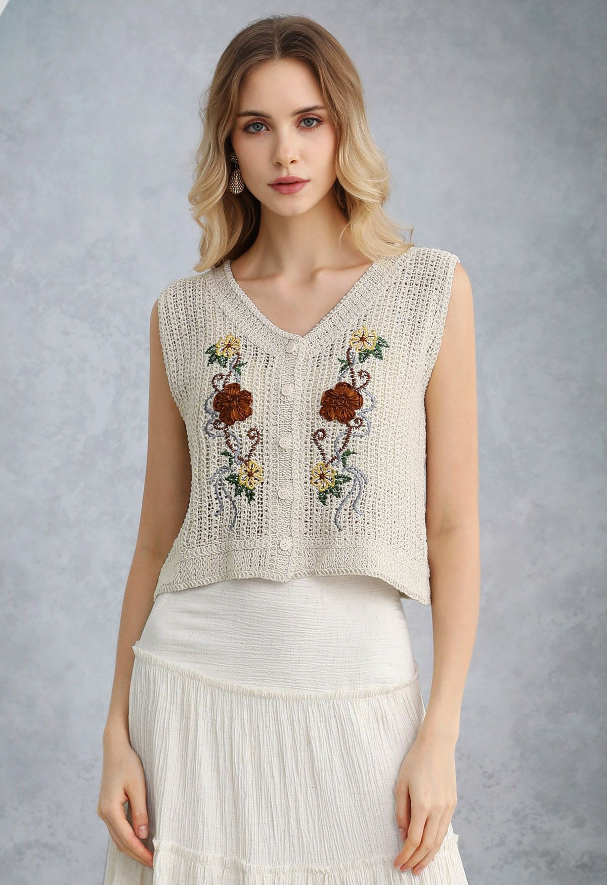 3D Floral Embroidered Crochet Cotton Vest | Chicwish
