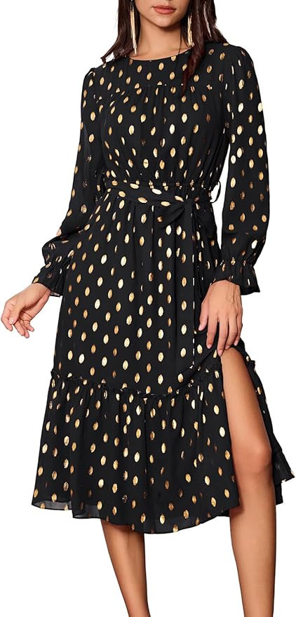 GRACE KARIN Women's Long Sleeve Midi A Line Dress Gold Dot Round Neck Ruffle Tiered Belt Wedding ... | Amazon (US)