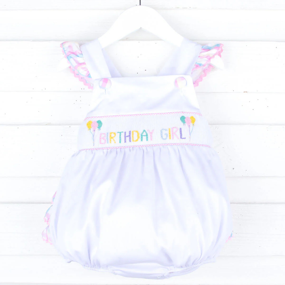 Birthday Girl Smocked White Leah Ruffle Bubble | Classic Whimsy