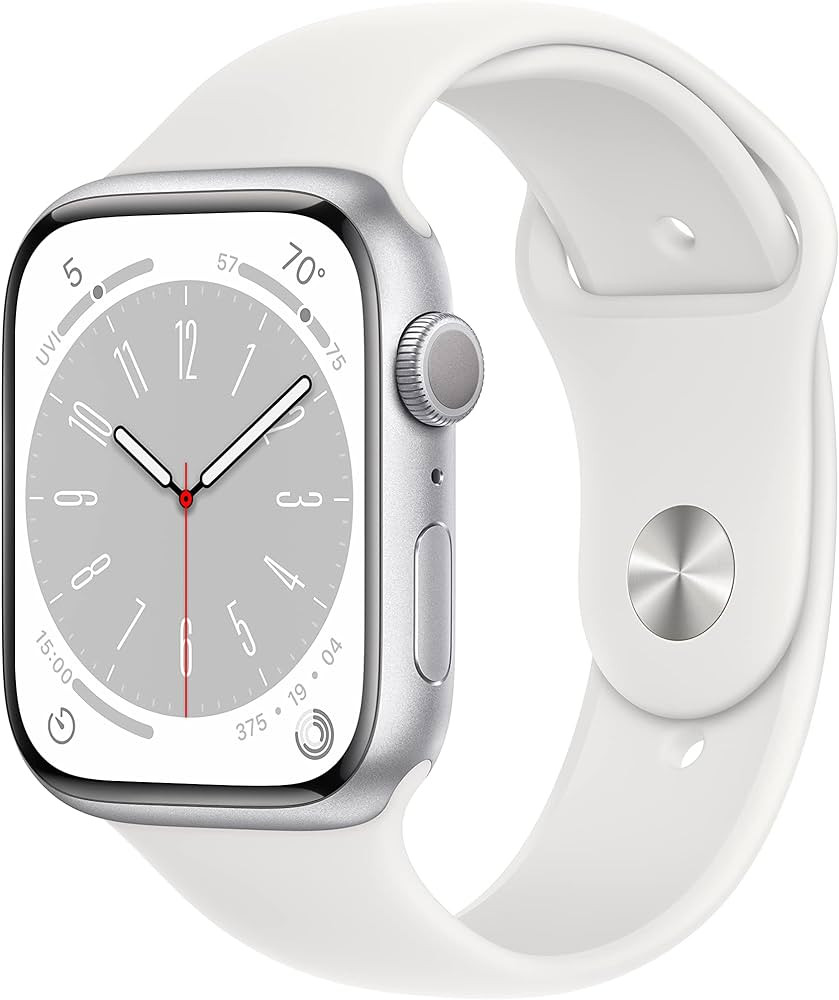 Apple Watch Series 8 [GPS, 45mm] Silver Aluminum Case with White Sport Band, M/L (Renewed) | Amazon (US)