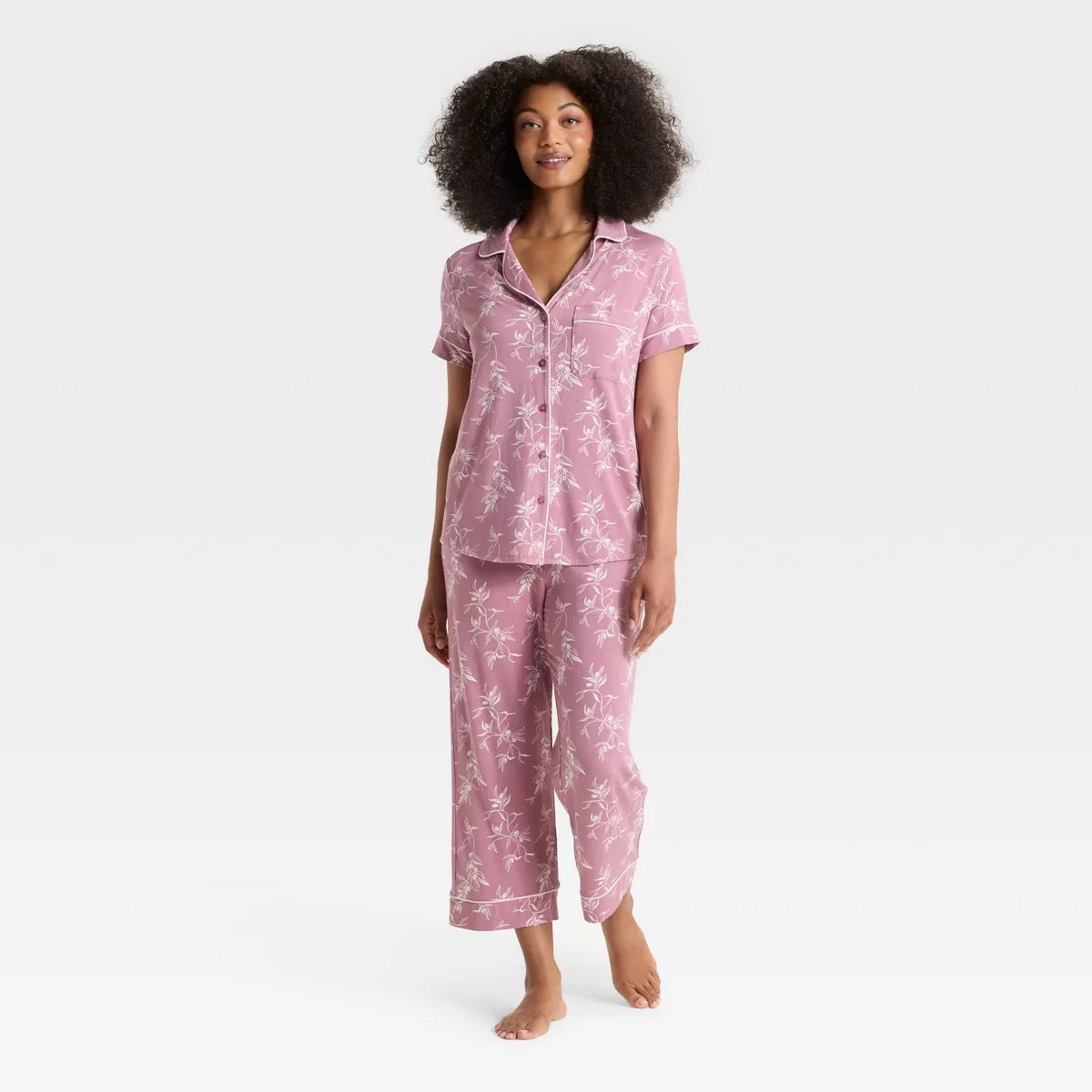Women's Cloud Knit Short Sleeve Notch Collar Top and Cropped Pants Pajama Set - Auden™ | Target
