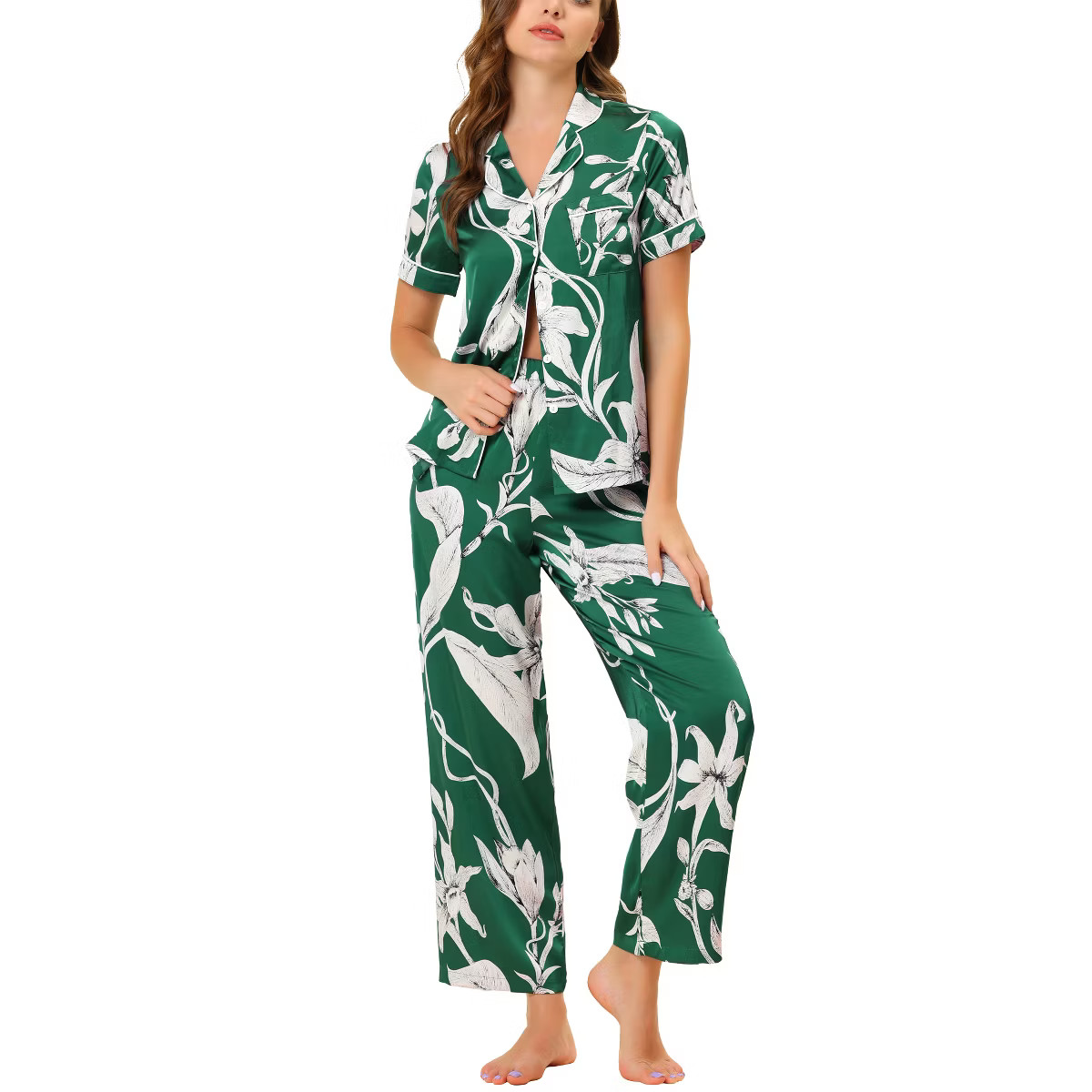 cheibear Women's Silky Short Sleeves Sleepshirt with Pants Pjs Set 2 Pcs | Target
