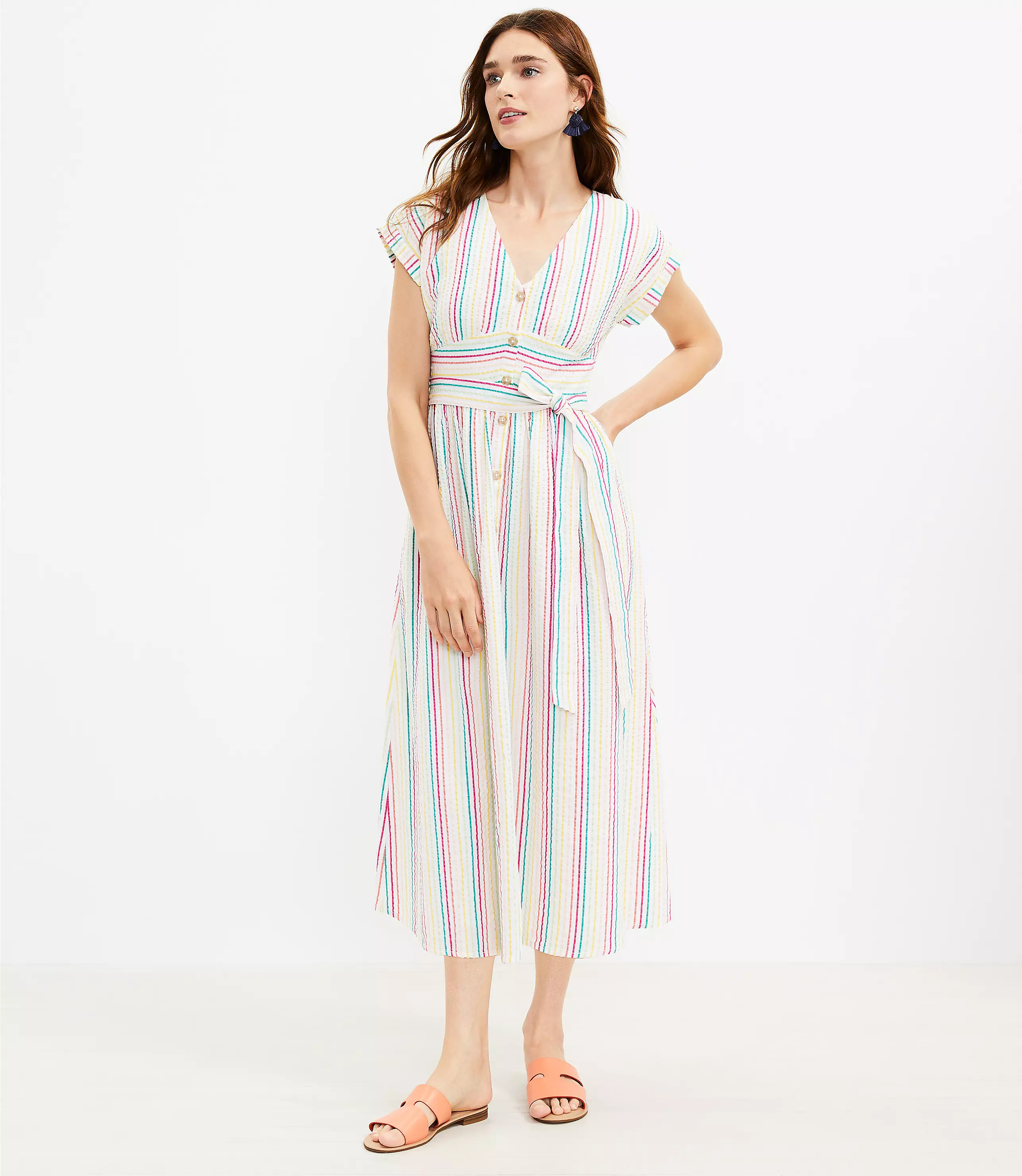 Striped Button Tie Waist Midi Dress | LOFT