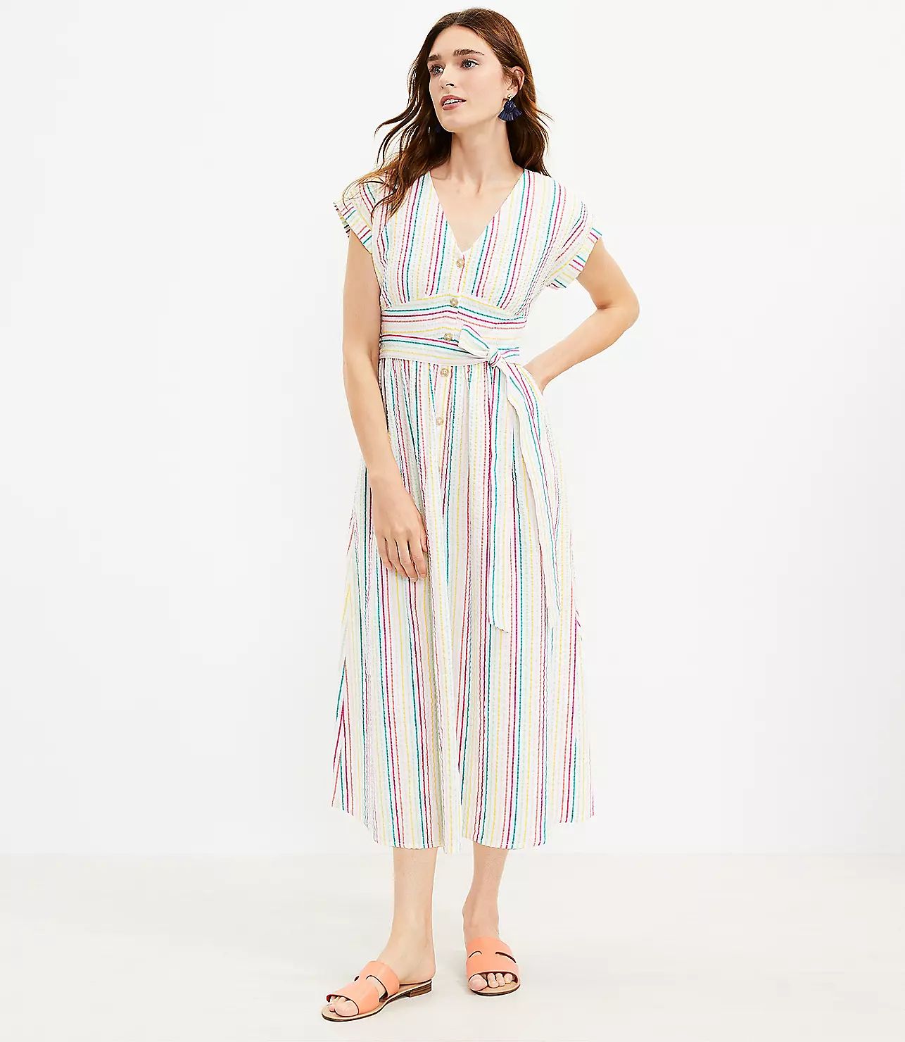 Striped Button Tie Waist Midi Dress | LOFT