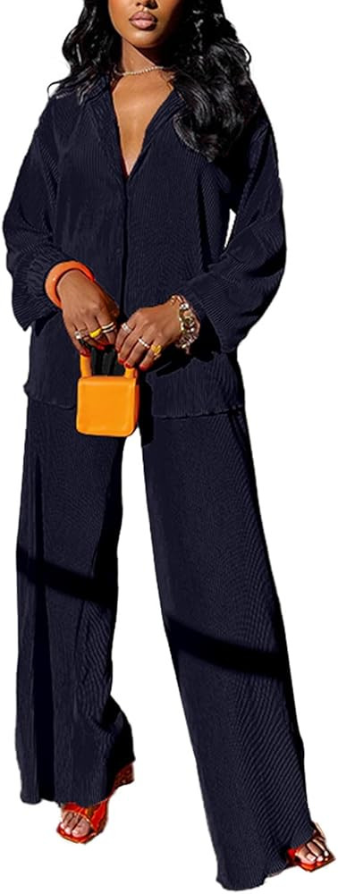 kaimimei Casual 2 Piece Outfit for Women - Linen Long Sleeve Button Down Shirt + Flare Pleated Wi... | Amazon (US)