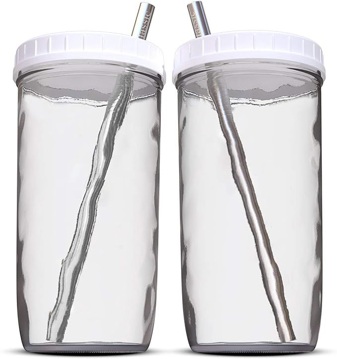 Reusable Boba Bubble Tea & Smoothie Cups - 2 Wide Mouth Smooth-Sided Jars 24oz with Leak Proof Li... | Amazon (US)