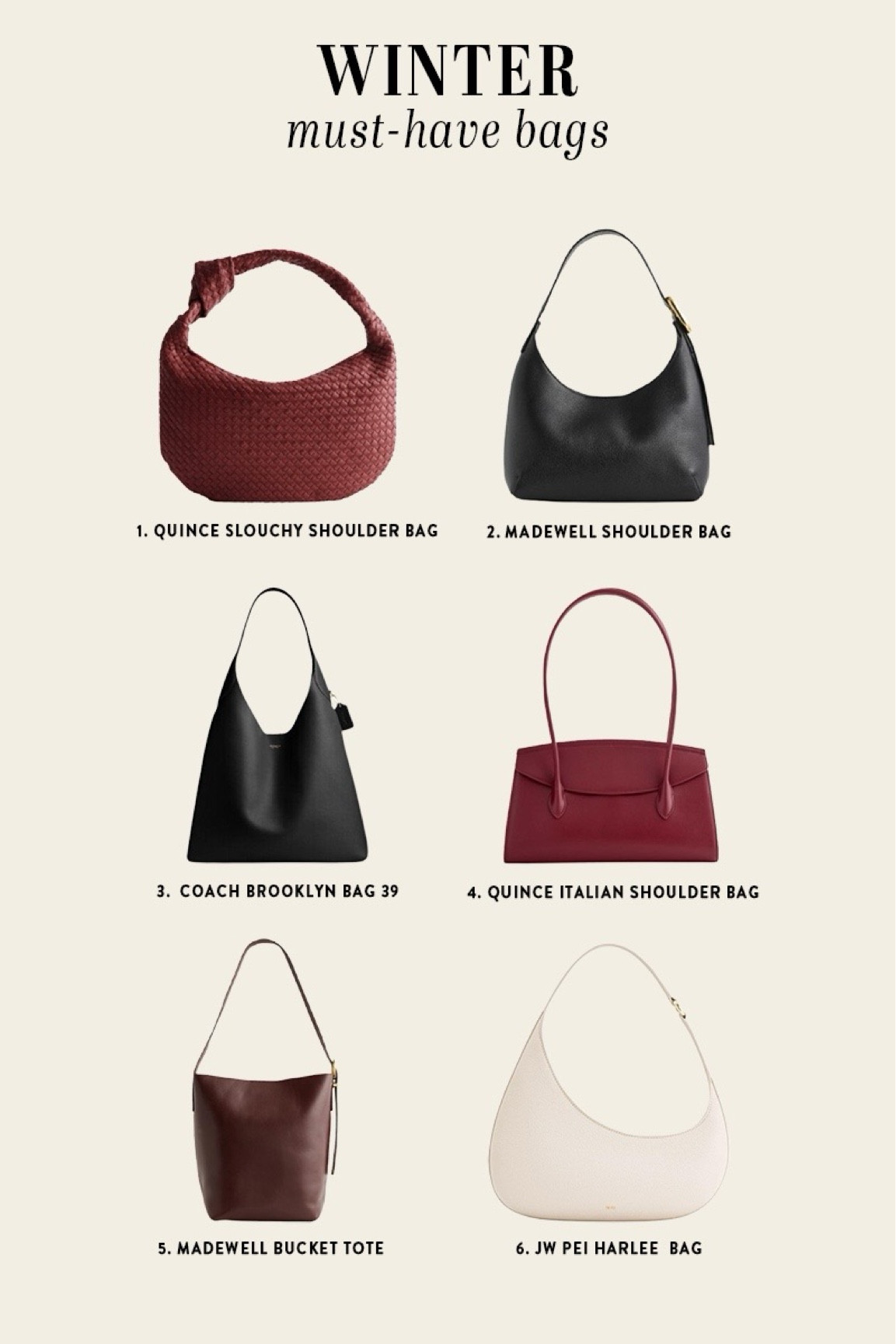 Must-have winter bags! From burgundy red bags to classic black, there's a trendy winter bag for everyone here. #winterbags #2024trends #winterpurses 

#LTKStyleTip #LTKSeasonal #LTKItBag