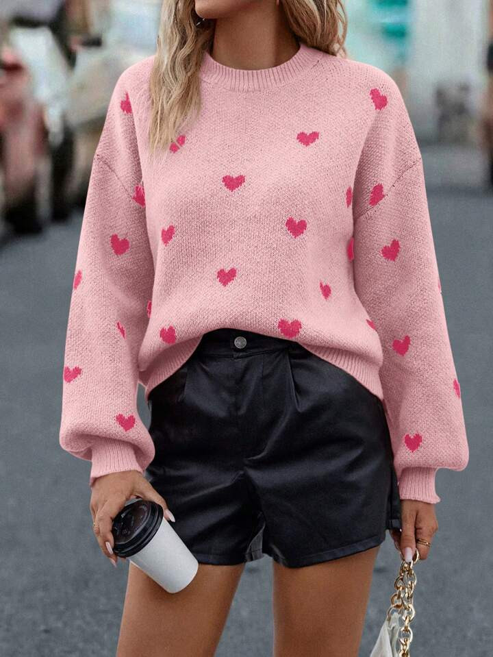 SHEIN LUNE Heart Patterned Crew Neck Sweater | SHEIN