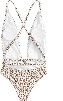SweatyRocks Women's Sexy Bathing Suits Criss Cross Tie Knot Front Deep V Open Back Leopard One Pi... | Amazon (US)