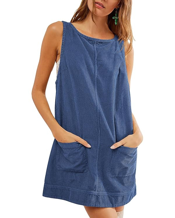 Hooever Women's Corduroy Overall Dress Round Neck A Line Skirtall Jumper Mini Dress Pinafore with... | Amazon (US)