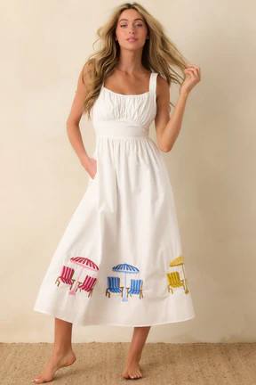 Paradisa Carmen White Multi Embroidered Cotton Midi Dress | Red Dress
